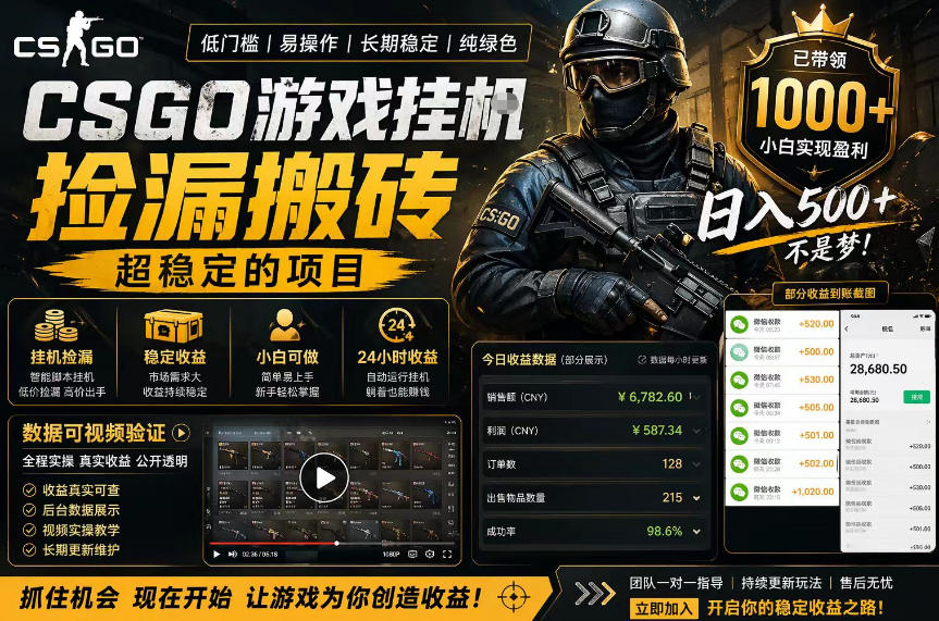 CSGO游戏搬砖，全自动挂G，不需要玩游戏，手机操作日入300+，解放双手【揭秘】-柚子网创