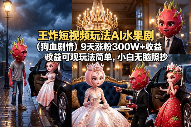 王炸短视频玩法AI水果剧（狗血剧情）9天涨粉300W+收益可观玩法简单，小白无脑照抄，详细拆解玩法-柚子网创