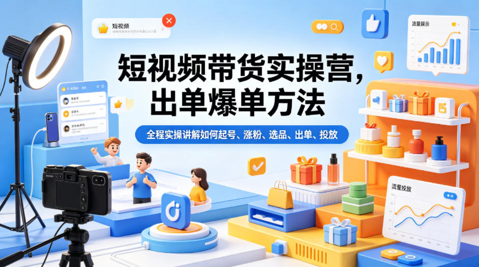 短视频带货实操营，出单爆单方法，全程实操讲解如何起号、涨粉、选品、出单、投放-柚子网创