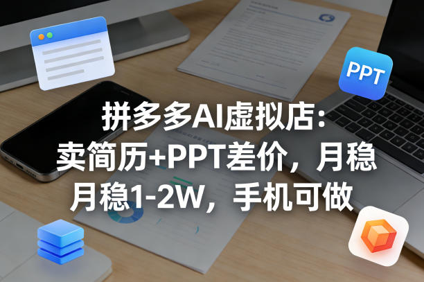 【暴力项目】拼多多AI虚拟店：卖简历+PPT差价，月稳1-2W，手机可做-柚子网创