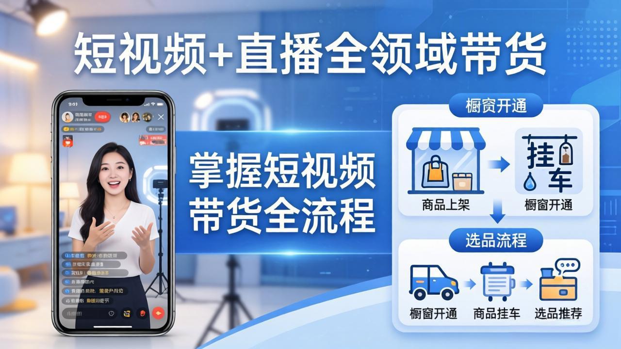 短视频+直播全领域带货-更新：掌握橱窗开通、挂车、选品、爆款文案改编等短视频带货全流程-柚子网创