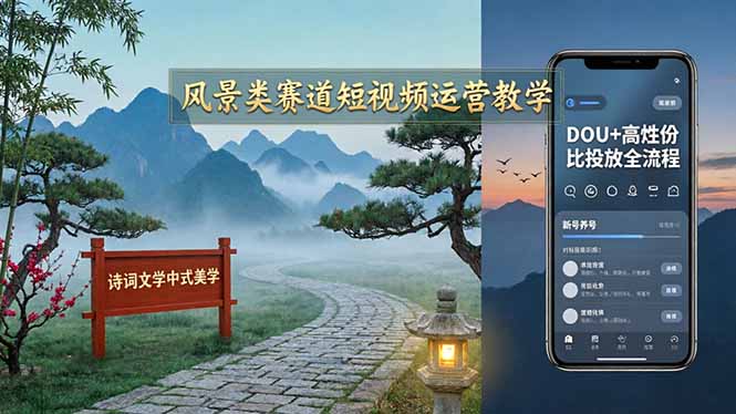 风景类赛道短视频运营教学：诗词文学中式美学，新号养号对标账号定位，DOU+高性价比投放全流程-柚子网创