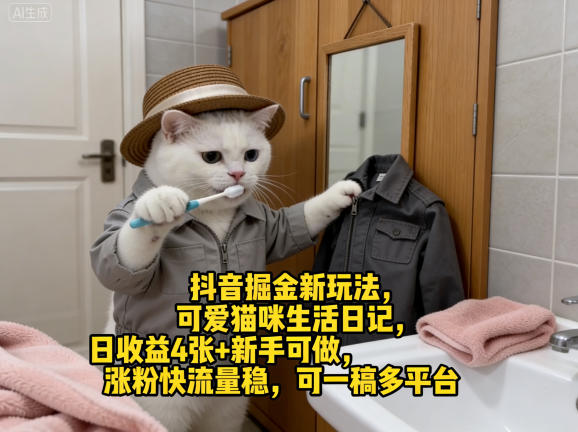 抖音掘金新玩法，可爱猫咪生活日记，日收益4张+新手可做，涨粉快流量稳，可一稿多平台-柚子网创