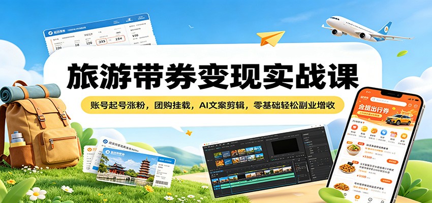 旅游带券变现实战课：账号起号涨粉，团购挂载，AI文案剪辑，零基础轻松副业增收-柚子网创