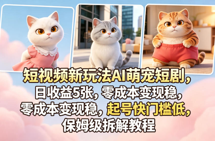 短视频新玩法AI萌宠短剧，日收益5张，零成本变现稳，起号快门槛低，保姆级拆解教程-柚子网创