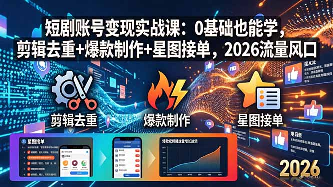 短剧账号变现实战课：0基础也能学，剪辑去重+爆款制作+星图接单，2026流量风口-柚子网创