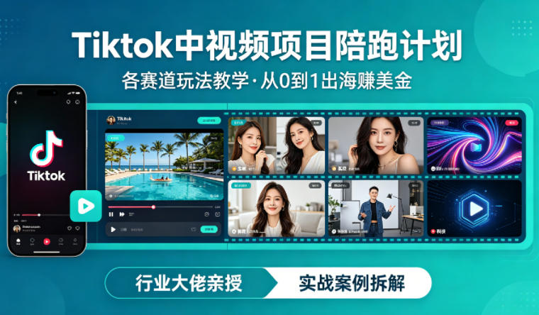 某大佬的Tiktok中视频项目陪跑，涵盖TK各个赛道玩法教学，从0到1出海賺美金-柚子网创
