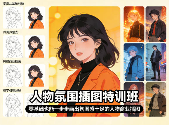 人物氛围插图特训班，零基础也能一步步画出氛围感十足的人物商业插图-柚子网创