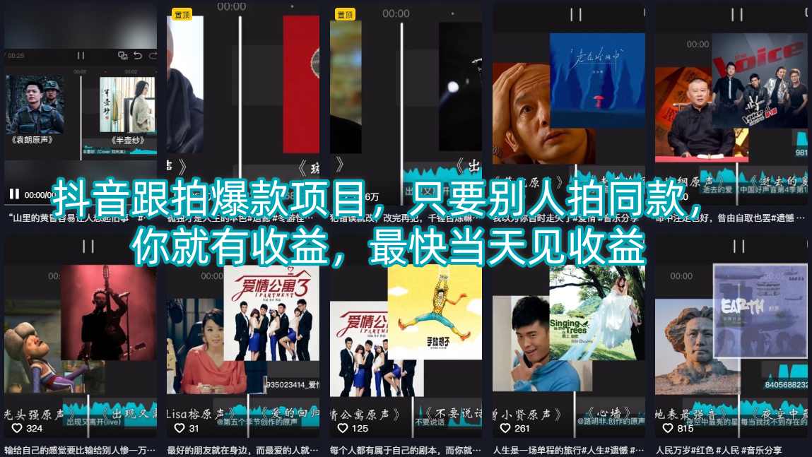 抖音跟拍爆款项目，只要别人拍同款，你就有收益，最快当天见收益-柚子网创