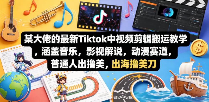 某大佬的最新Tiktok中视频剪辑搬运教学，涵盖音乐，影视解说，动漫赛道，普通人出海撸美刀-柚子网创