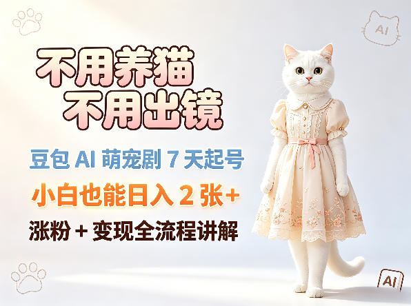 不用养猫不用出镜，豆包AI萌宠剧7天起号，小白也能日入2张+，涨粉+变现全流程讲解-柚子网创