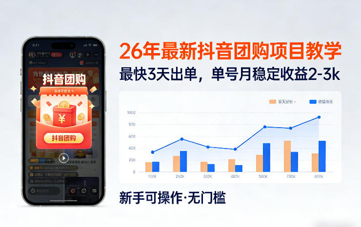26年最新抖音团购项目教学，0门槛，最快3天出单，单号月稳定收益2-3k-柚子网创