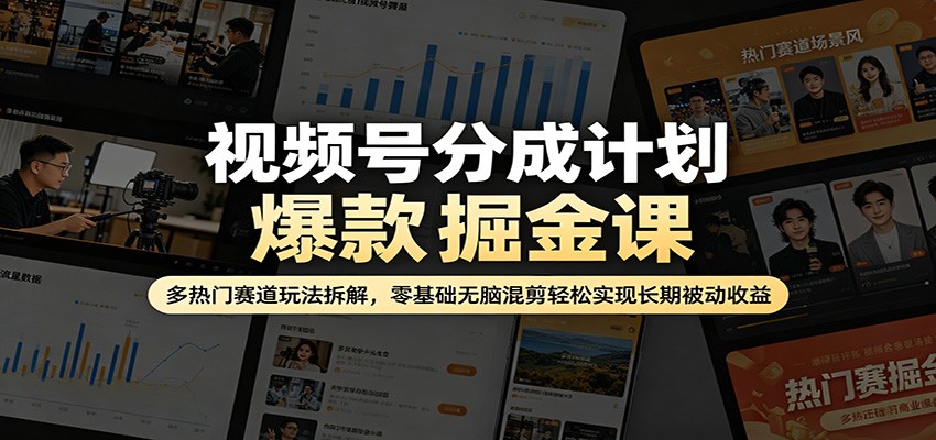视频号分成计划爆款掘金课：多热门赛道玩法拆解，零基础无脑混剪轻松实现长期被动收益-柚子网创