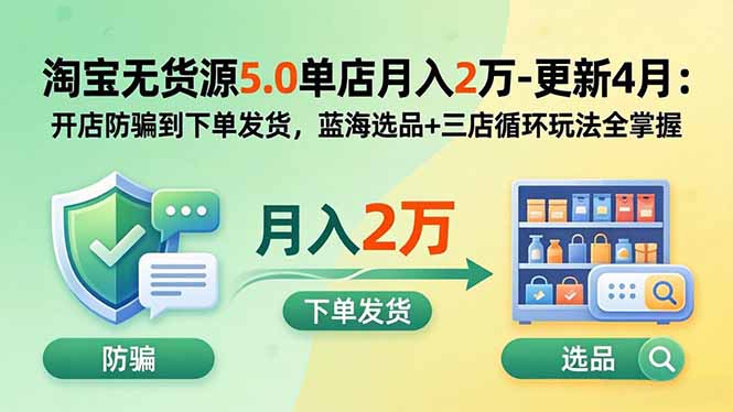 淘宝无货源5.0单店月入2万-更新5月：开店防骗到下单发货，蓝海选品+三店循环玩法全掌握-柚子网创