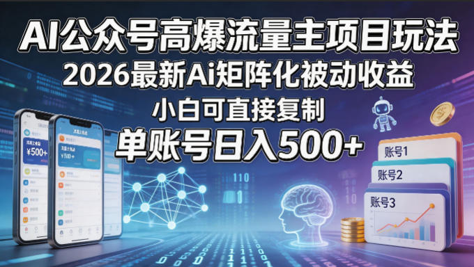 AI公众号高爆流量主项目玩法，2026最新Ai矩阵化被动收益，小白可直接复制，单账号日入500+-柚子网创