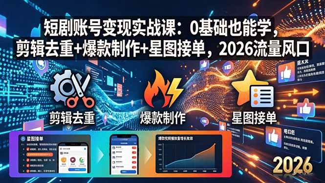 （18160期）短剧账号变现实战课：0基础也能学，剪辑去重+爆款制作+星图接单，2026流量风口-柚子网创