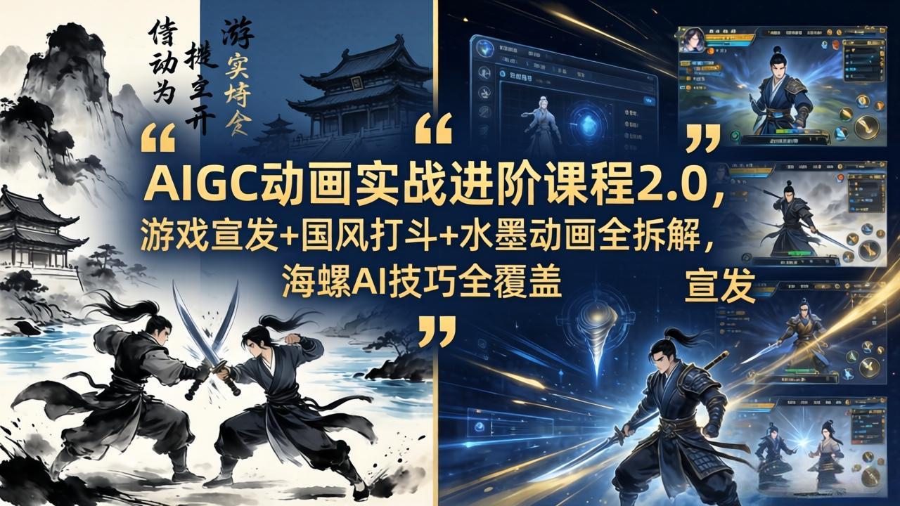 AIGC动画实战进阶课程2.0，游戏宣发+国风打斗+水墨动画全拆解，海螺AI技巧全覆盖-柚子网创