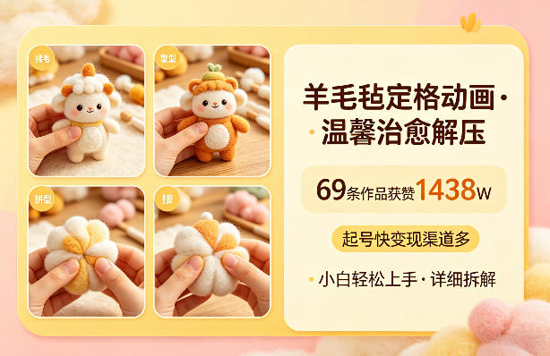 羊毛毡定格动画，温馨治愈解压，69条作品获赞1438W，起号快变现渠道多，小白轻松上手，详细拆解-柚子网创