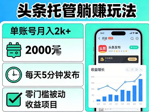 头条托管躺賺玩法，单账号月入2k+，每天5分钟发布即可，零门槛被动收益项目【揭秘】-柚子网创