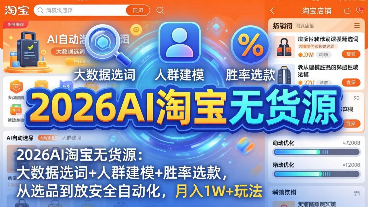 2026AI淘宝无货源-4月更新：大数据选词+人群建模+胜率选款，从选品到放大全自动化，月入1W+玩法-柚子网创