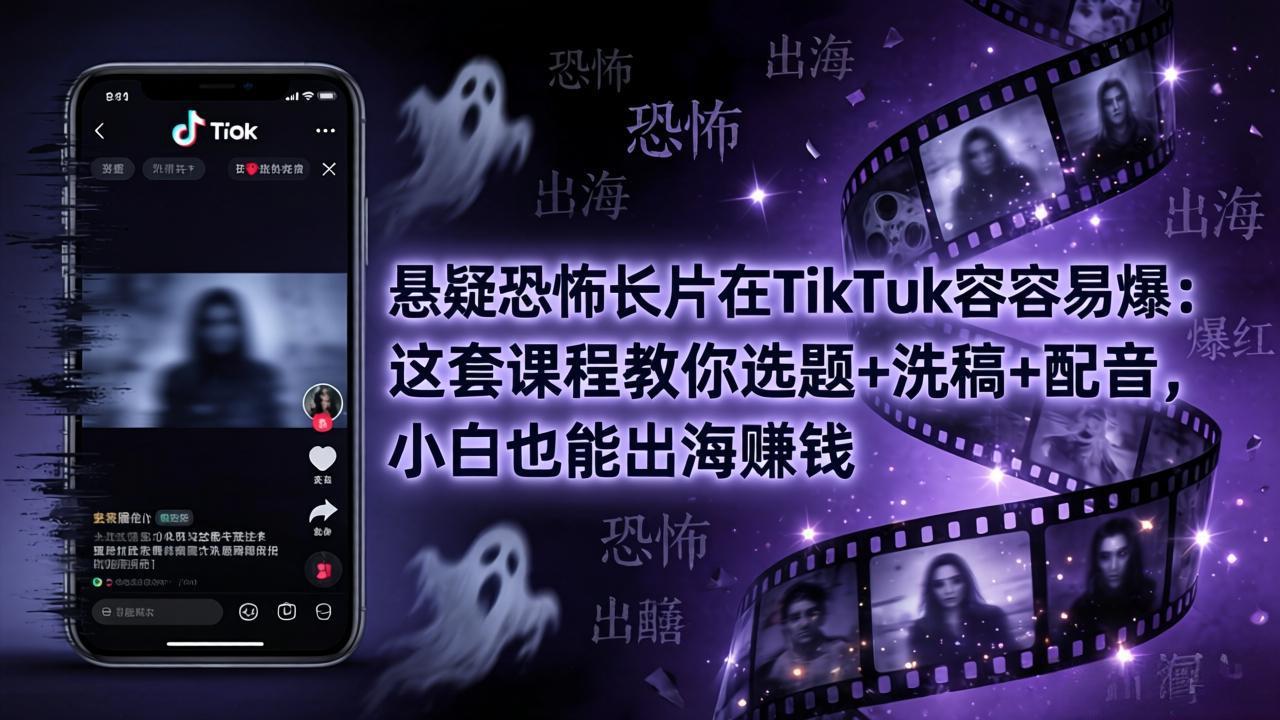 悬疑恐怖长片在TikTok最容易爆：这套课程教你选题+洗稿+配音，小白也能出海赚钱-柚子网创
