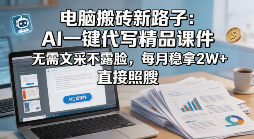 电脑搬砖新路子：AI一键代写精品课件，无需文采不露脸，每月稳拿2W+，直接照搬-柚子网创