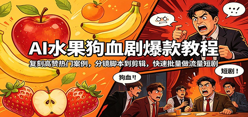 AI水果狗血剧爆款教程：复刻高赞热门案例，分镜脚本到剪辑，快速批量做流量短剧-柚子网创