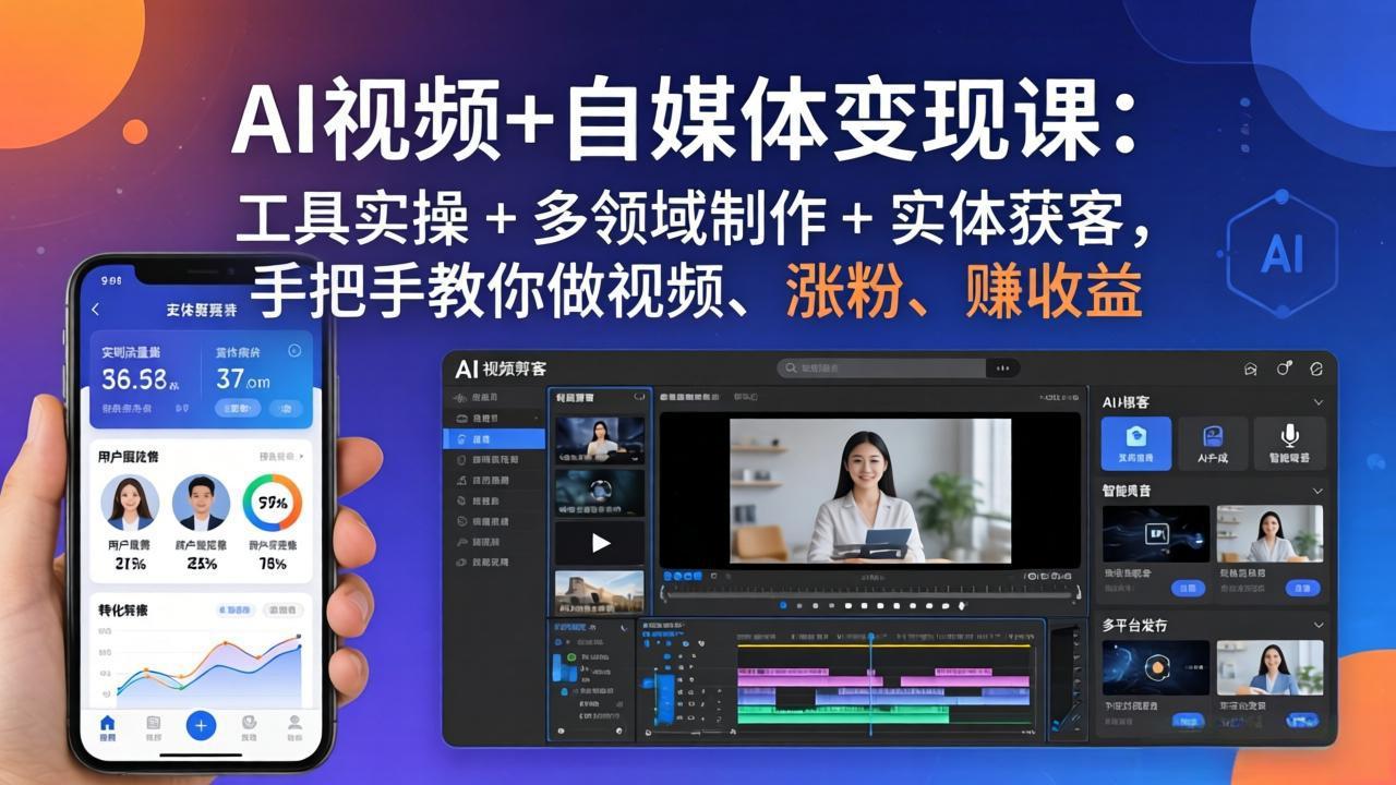 AI视频+自媒体变现课：工具实操 + 多领域制作 + 实体获客，手把手教你做视频、涨粉、赚收益-柚子网创