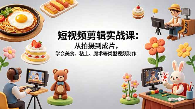 （18375期）短视频剪辑实战课：从拍摄到成片，学会美食、粘土、魔术等类型视频制作-柚子网创