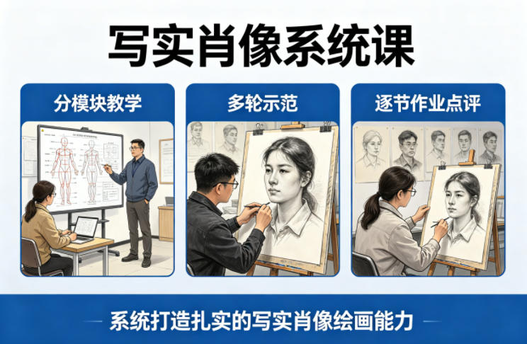 写实肖像系统课，全程分模块教学+多轮示范+逐节作业点评，系统打造扎实的写实肖像绘画能力-柚子网创