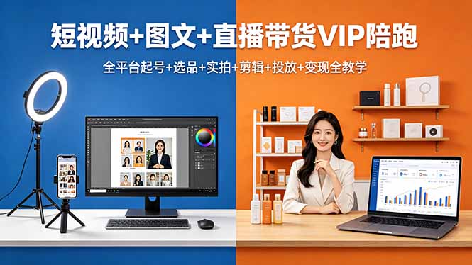 短视频+图文+直播带货VIP陪跑，全平台起号+选品+实拍+剪辑+投放+变现全教学-柚子网创