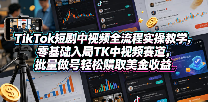 TikTok短剧中视频全流程实操教学，零基础入局TK中视频赛道，批量做号轻松賺取美金收益-柚子网创