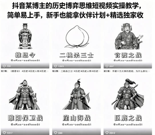 抖音某博主的历史博弈思维短视频实操教学，简单易上手，新手也能拿伙伴计划+精选独家收益-柚子网创