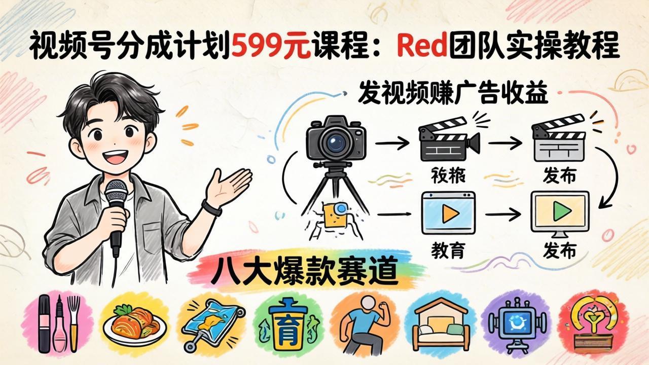 视频号分成计划599元课程：Red团队实操教程，发视频赚广告收益，八大爆款赛道全掌握-柚子网创