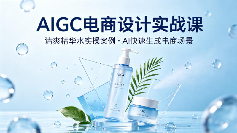AIGC电商设计实战课，以清爽精华水为实操案例，教你用AI快速生成电商场景-柚子网创